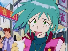 an anime character with blue hair and green eyes holding a cup in front of him