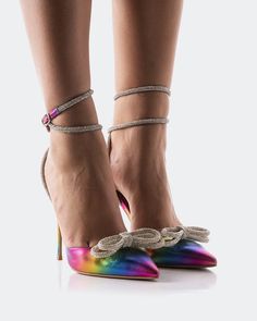 Detail(s): Pointy Toe 4.5" Heel Rhinestone Bow Detail Adjustable Ankle Strap Material(s): Leather Upper Padded Insole Handmade in Brazil Color(s): Multicoloured Rainbow Metal, Brazil Colors, Rhinestone Bow, Bow Detail, Stiletto Heels, Ankle Strap, Brazil, Espadrilles, Leather Upper