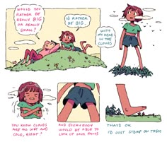 a comic strip with an image of two people laying on the ground and one person standing in