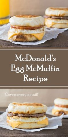 mcdonald's egg mcm muffin recipe with bacon and eggs on top, along with a glass of orange juice