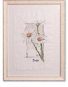 two daisies in a white frame with the word daisy printed on it's side