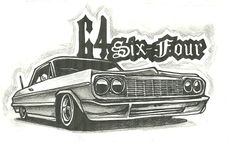 a drawing of an old car with the words six four written in black and white