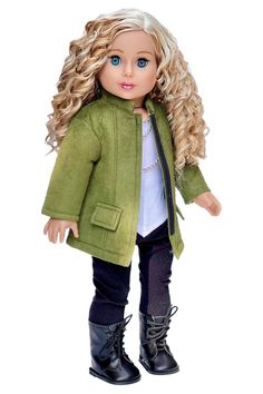 a doll with blonde hair and blue eyes wearing a green jacket, jeans and boots