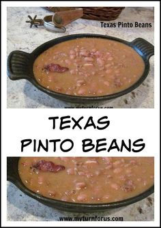 two pictures of beans and bacon in a black pan with the words texas pinto beans