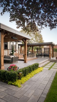 an outdoor living area with patio and seating