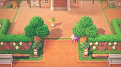 an animal crossing game is shown in the middle of a courtyard with benches and trees