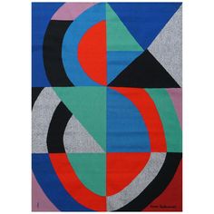 a multicolored abstract painting with black, red, blue, and green shapes