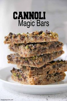 three pieces of granola magic bars stacked on top of each other with text overlay