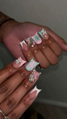 I Love Me Nails, Nails With Initials Acrylic, Short Duck Nails, Nails With Initials, Teal Acrylic Nails, Junk Nails, Duck Nails, Colored Acrylic Nails