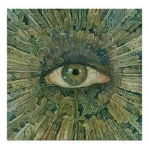 an eye is shown in the center of a painting with green and brown leaves on it