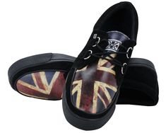 Get ready to hit the stage or the streets in these vulcanized sneakers that reimagines our former creeper sneaker silhouette with bold & modern twists. Features one of our crowd-pleasing upper styles of black cow suede and distressed British Flag with classic D-rings & iconic interlace detailing along the front. The VLK collection features a more streamlined and sleeker look compared to our past creeper sneaker designs. In addition to its' updated form, the vulcanized sneakers have remov Vulcanized Sneakers, Creepers Shoes, Black Suede Shoes, Suede Leather Shoes, All Stars Converse, Black Cow, British Flag, D Rings, Union Jack