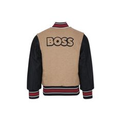 Color: Beige Beige bomber jacket with long faux leather sleeves, low ribbed collar, front zip closure, side pockets, striped cuffs and hem. It is embellished with double B embroidered on the chest and logo on the back. 53% Polyester, 42% Wool, 3% Acrylic, 1% Polyamide, 1% Viscose. Machine wash at 30°C. Double B, Leather Sleeves, Zegna Shoes, Kenzo Kids, E Logo, Leather Sleeve, Stella Mccartney Kids, Men's Collection, Hugo Boss