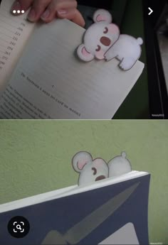 two pictures of someone holding a book with paper cut out of it and an image of a teddy bear