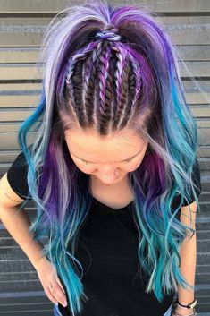 Colorful Braids Hairstyles, Lily Hairstyle, Summer Hair Buns, Rave Braids Festival Hair, Hear Ideas, 2024 Braids, Unicorn Hairstyle, Makeup Competition, Concert Hair