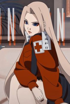 an anime character with long white hair and blue eyes sitting on the ground in front of a window