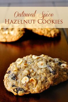 oatmeal spice hazelnut cookies on a wooden table with text overlay