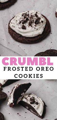 chocolate crumbl frosted oreo cookies on parchment paper with one cookie cut in half