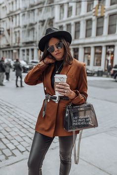 fedora hat for fall/winter Fall Moodboard, Belt Outfit, Night Street, Belted Blazer, Women Fashion Edgy, Studded Belt, Nyc Fashion, Marc Fisher, Camel Color