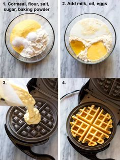 the process to make waffles is shown in four different stages, including eggs and butter