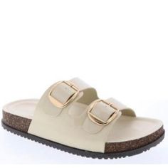 Super Cute Trendy Trendy Beige Jelly Sandals With Round Toe, Trendy Cream Sandals With Round Toe, Beige Synthetic Jelly Sandals With Round Toe, Trendy Jelly Sandals With Textured Footbed, Trendy White Footbed Sandals With Round Toe, White Trendy Round Toe Footbed Sandals, Spring Jelly Slide Sandals With Buckle, Synthetic Sandals With Buckle Closure, Kids Sandals Summer