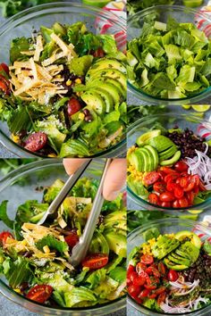 four pictures showing the process of making a salad with avocado, tomatoes, lettuce and other vegetables