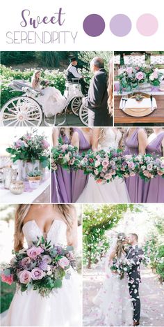 a collage of photos with flowers and greenery in purple, white and pink