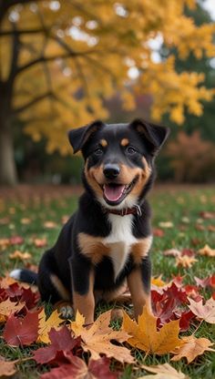 a black and brown dog sitting in the grass with fall leaves on it's ground