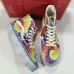 Brand: Vans Off The Wall Style: Sk8-Hi Tapered Sneakers Color: (Washed) Tie Dye/True White Condition: New In Box. Box Is Missing Lid And Has Some Damage. See All Photos For Details. Size: Us Women's 11.0 / Men’s 9.5 -Hight Top Sneakers -Canvas Upper -Lace Up Closure -Signature Rubber Waffle Outsoles Leopard Print Vans, Fringe Sneakers, Vans Shoes Women, Wall Style, Vans Yellow, Skater Shoes, Suede Chukkas, Floral Sneakers, Vans Black And White