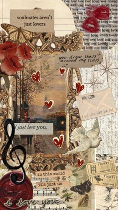 altered collage with music notes, hearts and other things in the background that are mixed together