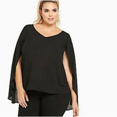 Black Georgette Cape Blouse By Torrid. Semi Sheer, Best To Wear A Layering Top Underneath. New With Tags. Cape Blouse, Cape Top, Super Woman, Cape Tops, Oh My Goddess, Georgette Tops, Layered Tops, Plus Size Womens Clothing, Deep Black