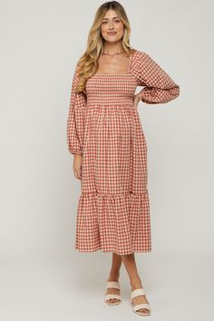 Rust Gingham Long Sleeve Maternity Midi Dress Spring Picnic Gingham Smocked Dress, Spring Gingham Smocked Dress For Picnic, Gingham Smocked Dress For Picnics, Fall Midi Dress With Ruffles And Square Neck, Ruched Gingham Dress For Brunch, Smock Midi Dress With Square Neck For Day Out, Square Neck Smock Midi Dress For Day Out, Fitted Gingham Midi Dress With Square Neck, Square Neck Dress With Smocked Back For Picnic