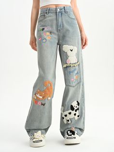 Puppy Cat Party Cute Patch Denim Wide-Leg Jeans - ntbhshop Jeans Refashion, J Fashion, Harajuku Fashion