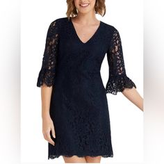 Pretty Lace Is Always On Point. Bell-Sleeve Lace Dress Is Party-Ready! Simple Yet Sweet With Details Like An Easy V-Neck And A Defined Waist. Length: 36.5" 62% Cotton; 38% Nylon Elegant V-neck Lace Dress For Brunch, Elegant Blue V-neck Lace Dress, Blue V-neck Dress With Lace Sleeves, Elegant Blue Lace Dress For Brunch, Sleeve Lace Dress, Defined Waist, Best Dress, Lace Dress With Sleeves, Draper James