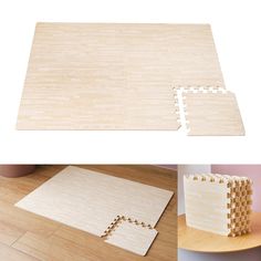 the floor mat is made out of wood and has two pieces cut out to make it look