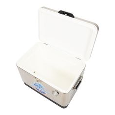 an open silver suitcase on a white background