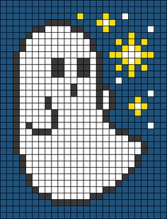 a pixellated image of a white ghost with yellow stars in the sky above it