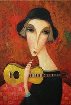 a painting of a woman with a guitar in her hand and wearing a black hat