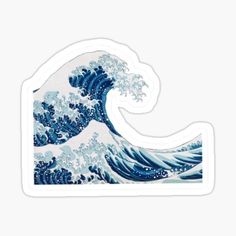 the great wave off kanji sticker is shown in blue and white with waves on it