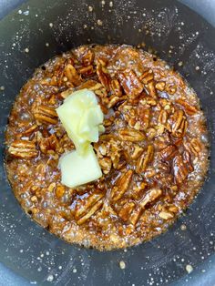 pecans and butter in a skillet ready to be cooked for dinner or dessert