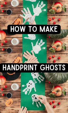 handprint ghost craft for kids on a table with apples, pumpkins and other halloween decorations