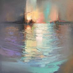 an abstract painting of water and buildings with the sun shining on it's horizon