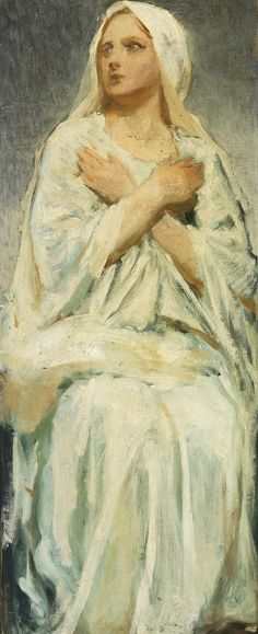 a painting of a woman in white with her arms crossed and hands folded over her chest