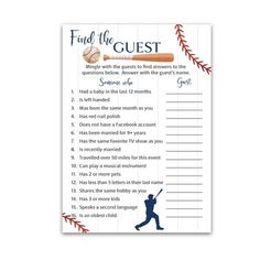 a baseball game with the words, find the guest and an image of a bat