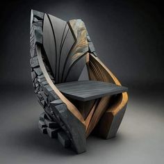 a chair made out of wood and stone with an abstract design on the backrest