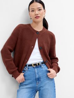 Mixed-Stitch Cardigan | Gap Factory Pattern Drafting, Cotton Knit, Sweaters & Cardigans, Gap, Long Sleeves, Crew Neck, Knitting, Long Sleeve, Pattern