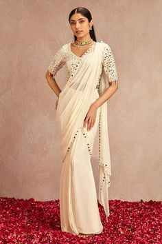 Shop for Samatvam by Anjali Bhaskar White Blended Georgette Pre-draped Saree With Embroidered Blouse for Women Online at Aza Fashions Mirror Work Saree Blouse, Mirror Work Saree, Draped Saree, Mirror Work Blouse, Saree Tassels, Pranali Rathod, Drape Saree, White Mirror, Half Sleeve Blouse