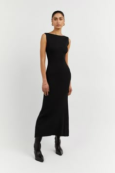 ARIA BLACK KNIT MIDI DRESS | Dissh Black Dress Outfit, Mode Tips, Black Dress Outfits, Sleeveless Midi Dress, Best Dresses, Black Midi, Straight Neckline, Knit Midi, Knit Midi Dress