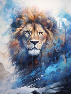 a painting of a lion with blue and yellow colors