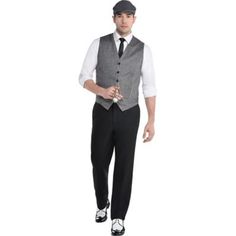 You're the most dapper gent at the costume contest in this Roaring 20s costume for adults. This three-piece costume includes a gray tweed-look vest with black buttons a black skinny tie and a matching gray tweed-look newsboy cap. Find a friendly flapper and get set to dance the Charleston. Roaring 20s Dapper Man Costume product details:  Gray tweed print vest  3 buttons   Gray tweed print newsboy cap Black tie Does not include shoes shirt watch with fob or pants Review size chart for sizing info