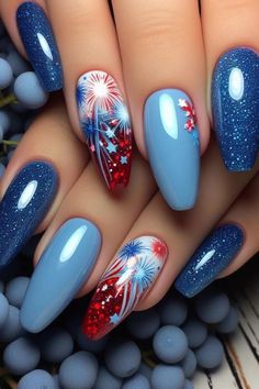 This festive and fun nail idea will ensure you stand out at all your summer gatherings! 4th Of July Blue Nails, Summer Nail Designs With Rhinestones, White Nail Designs Summer, Fourth Nails, 4th Of July Chrome Nails, Summer Nails 4th Of July, Fun 4th Of July Nails, Fourth Of July Nail Art, Red White Blue Firework Nails